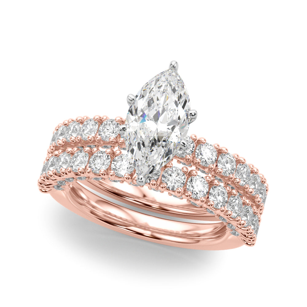 Rose gold Marquise Diamond Pavé Band Solitaire Ring with Four-Prong Setting 1