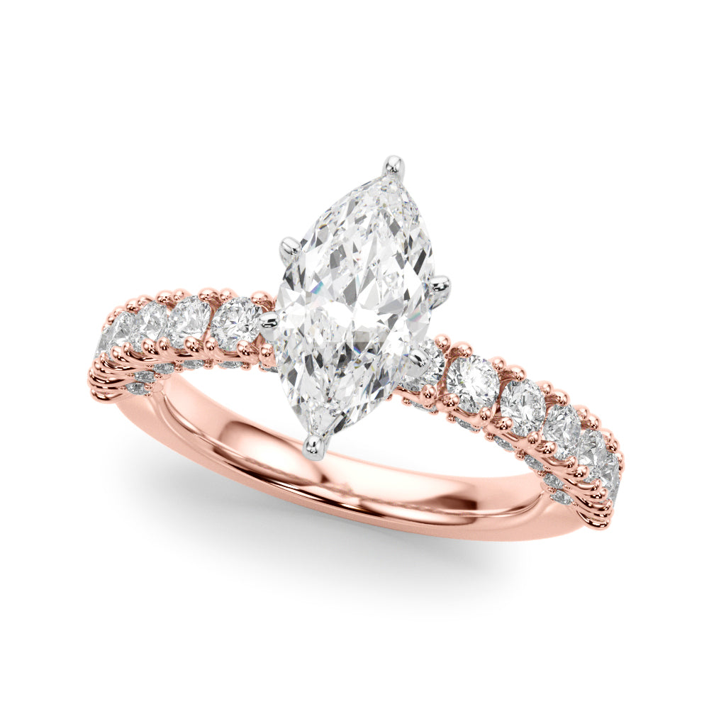 Rose gold Marquise Diamond Pavé Band Solitaire Ring with Four-Prong Setting