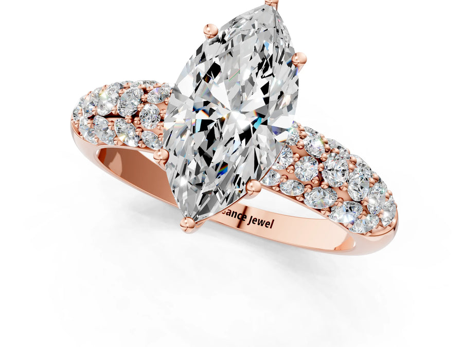 Rose gold Marquise Diamond Pavé Band Solitaire Ring with Four-Prong Setting