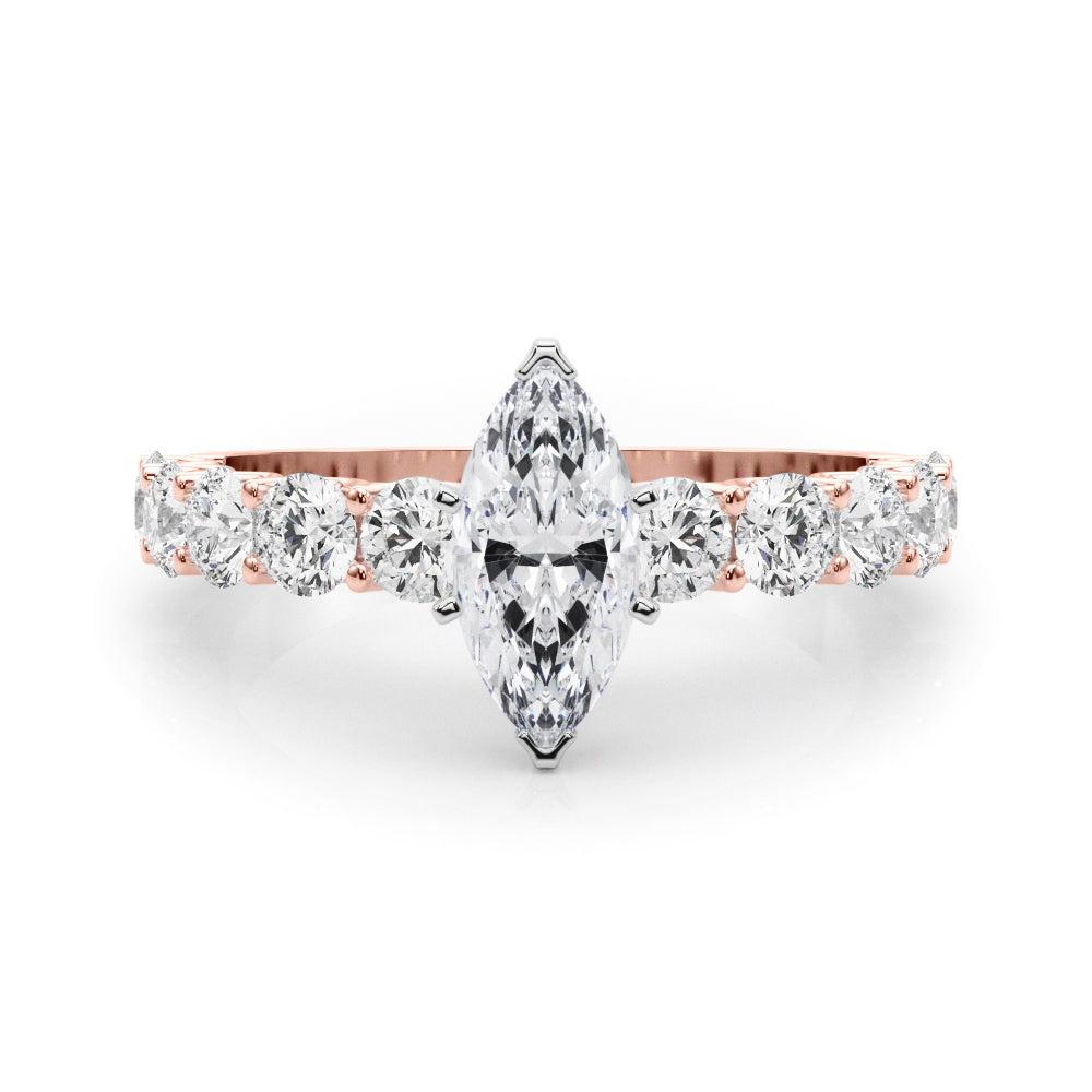 Rose gold Marquise Diamond Prong Setting with Side Stones on a Pave Band 1