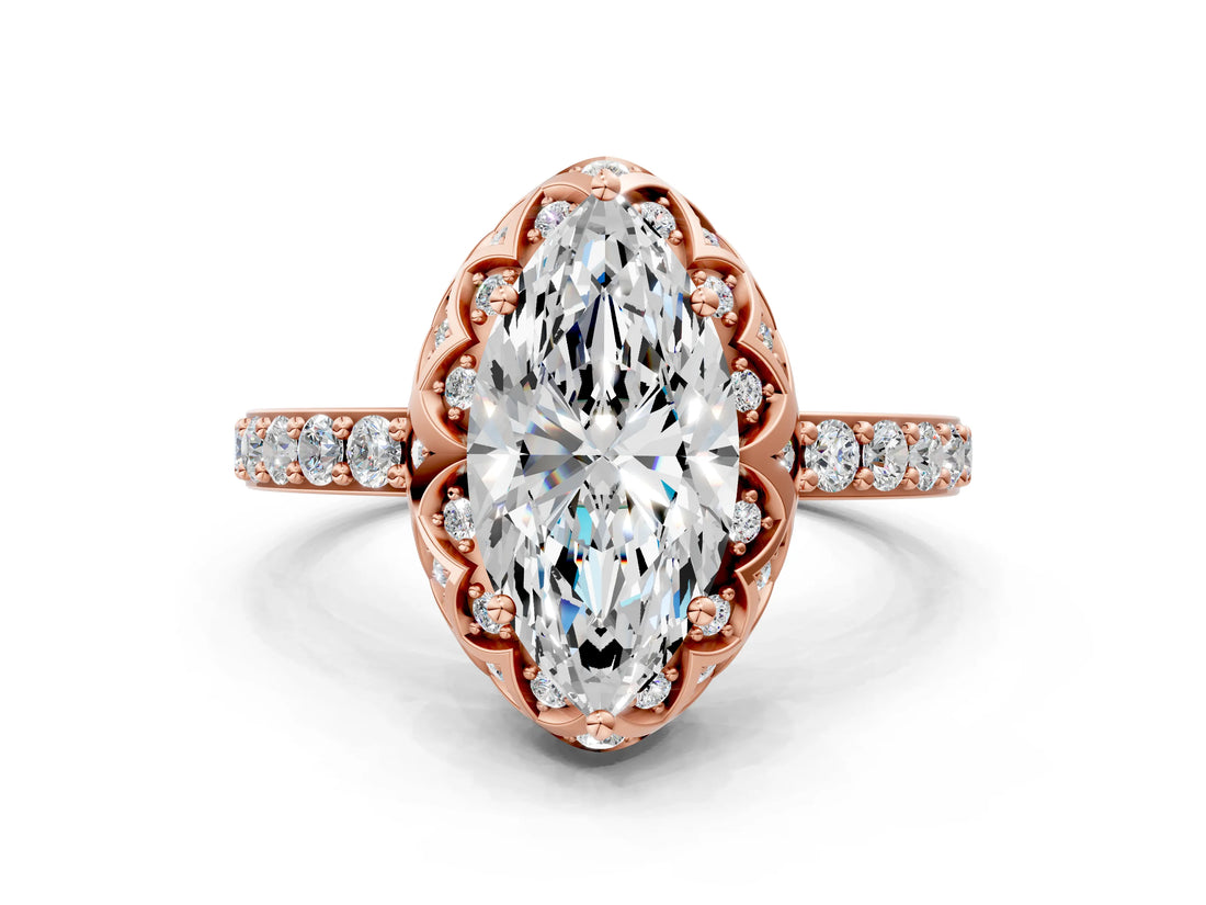 Rose gold Marquise Diamond Solitaire Ring with Shared Prong Pavé Band_54