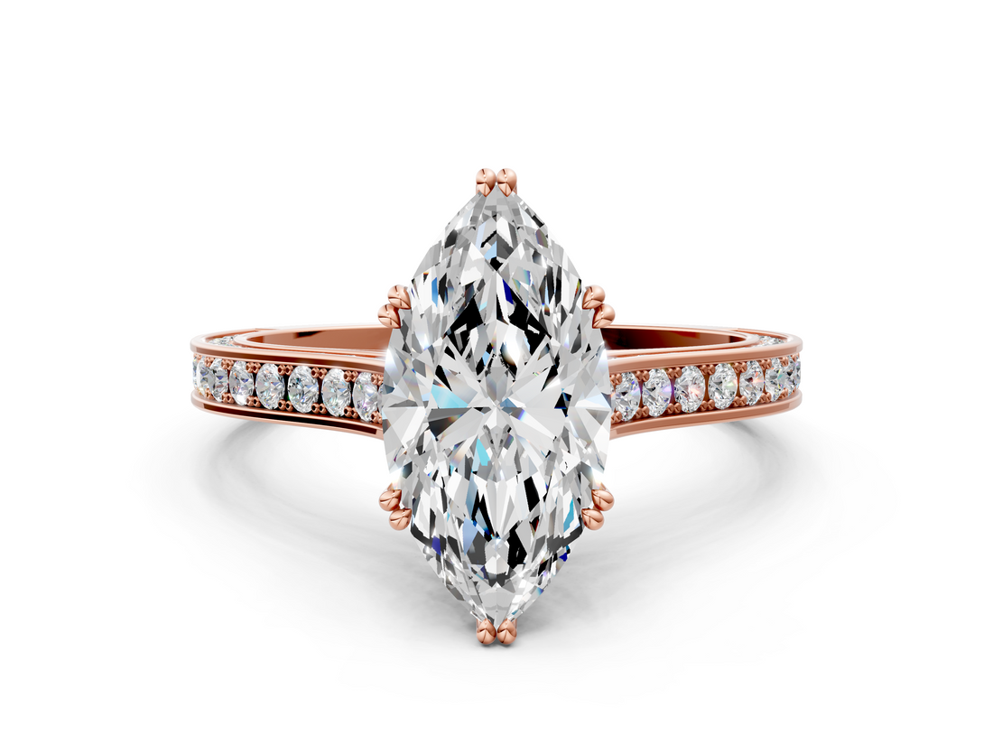 Rose gold Marquise Diamond Solitaire with Pave Band and Six-Prong Setting_32