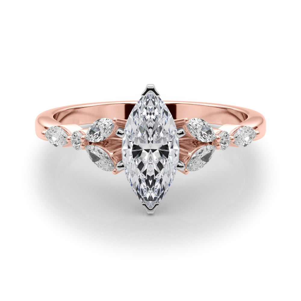 Rose gold Marquise Diamond Solitaire with Side Stones on a White Gold Band and Four-Prong Setting 1