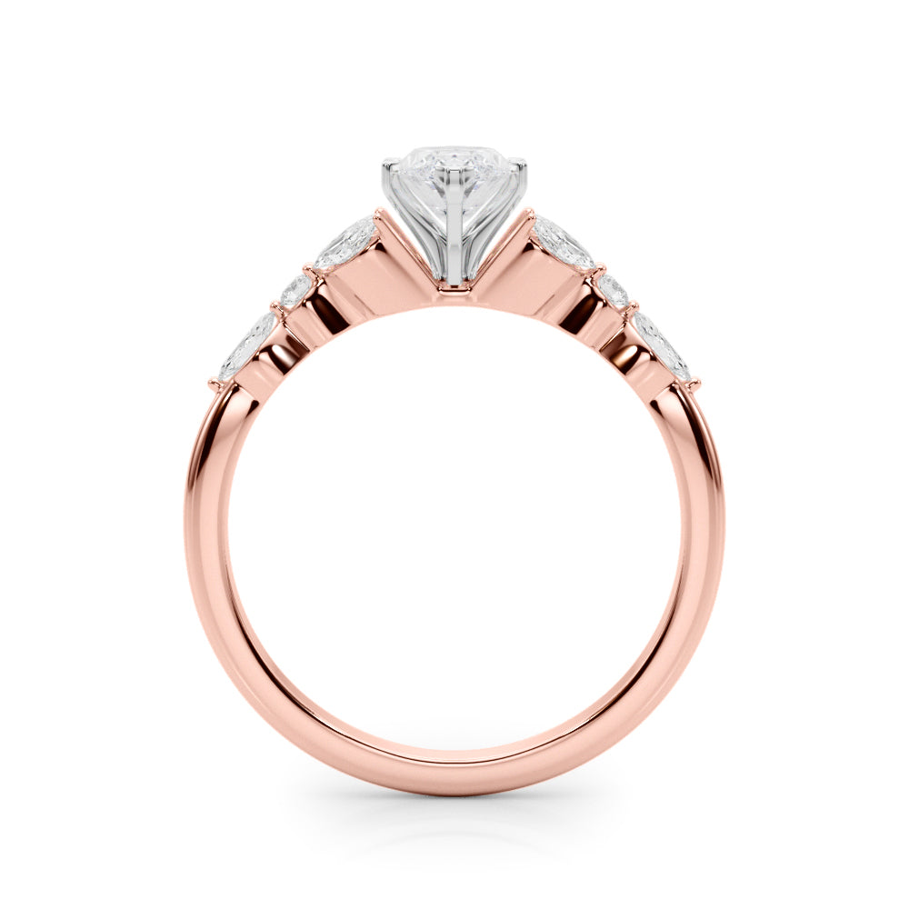 Rose gold Marquise Diamond Solitaire with Side Stones on a White Gold Band and Four-Prong Setting 2