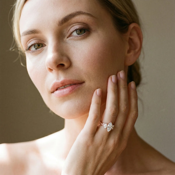 Rose gold Marquise Diamond Three-Stone Ring with Prong Setting and Textured Band