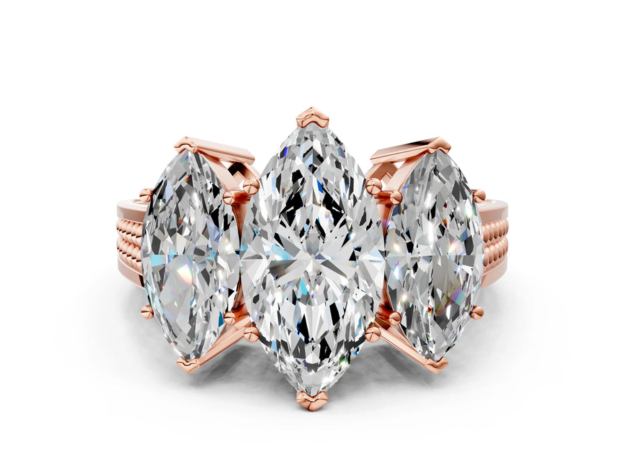 Rose gold Marquise Diamond Three-Stone Ring with Prong Setting and Textured Band