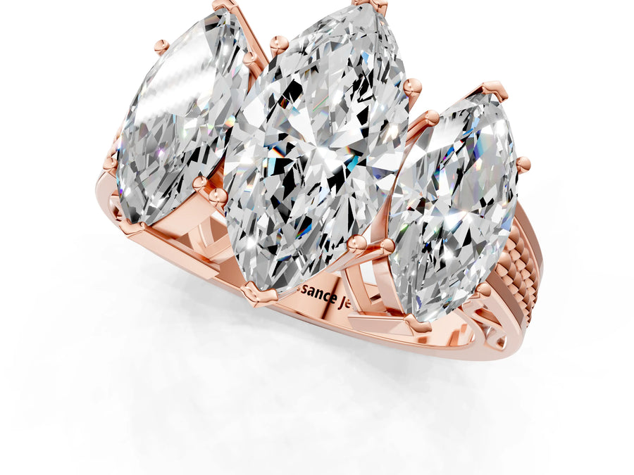 Rose gold Marquise Diamond Three-Stone Ring with Prong Setting and Textured Band