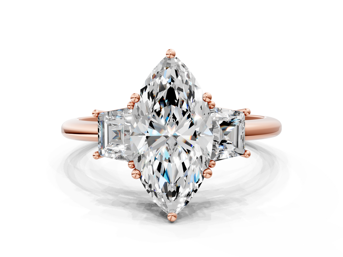 Rose gold Marquise Diamond Three-Stone Ring with Trapezoid Side Stones and Prong Setting_23