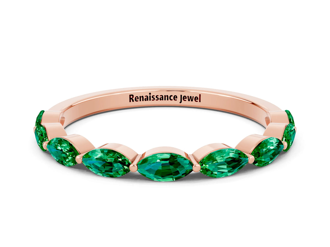 Rose gold Marquise Emerald Half Eternity Band with Prong Setting_27
