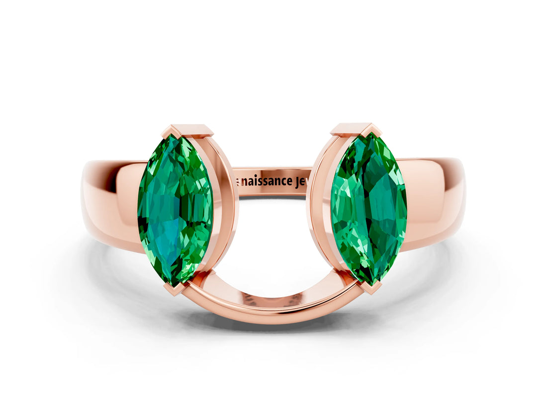Rose gold Marquise Emerald Open Band Ring with Tension Setting_6