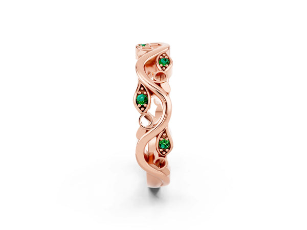 Rose Gold Round Lab-Grown Emerald Marquise Leaf Vine Wedding Band with Open Curls