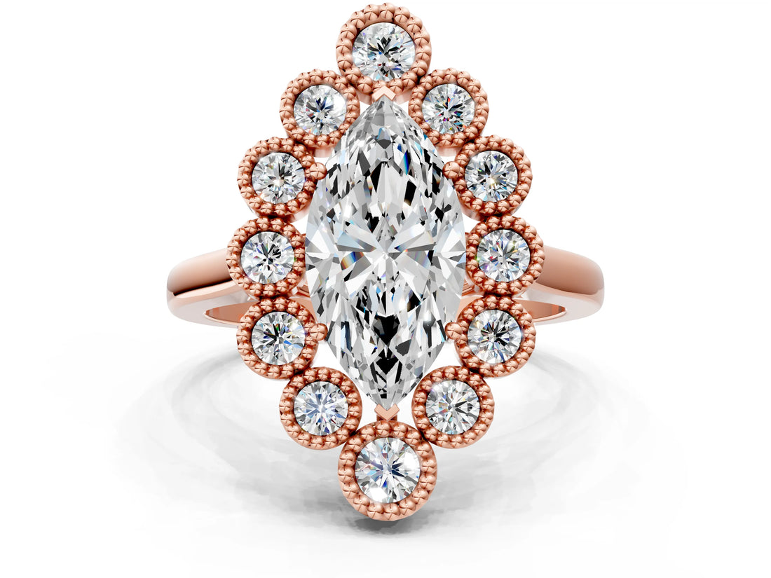 Rose gold Marquise Halo Diamond Cluster Engagement Ring with Milgrain Bezel Setting and Solitaire Band_27