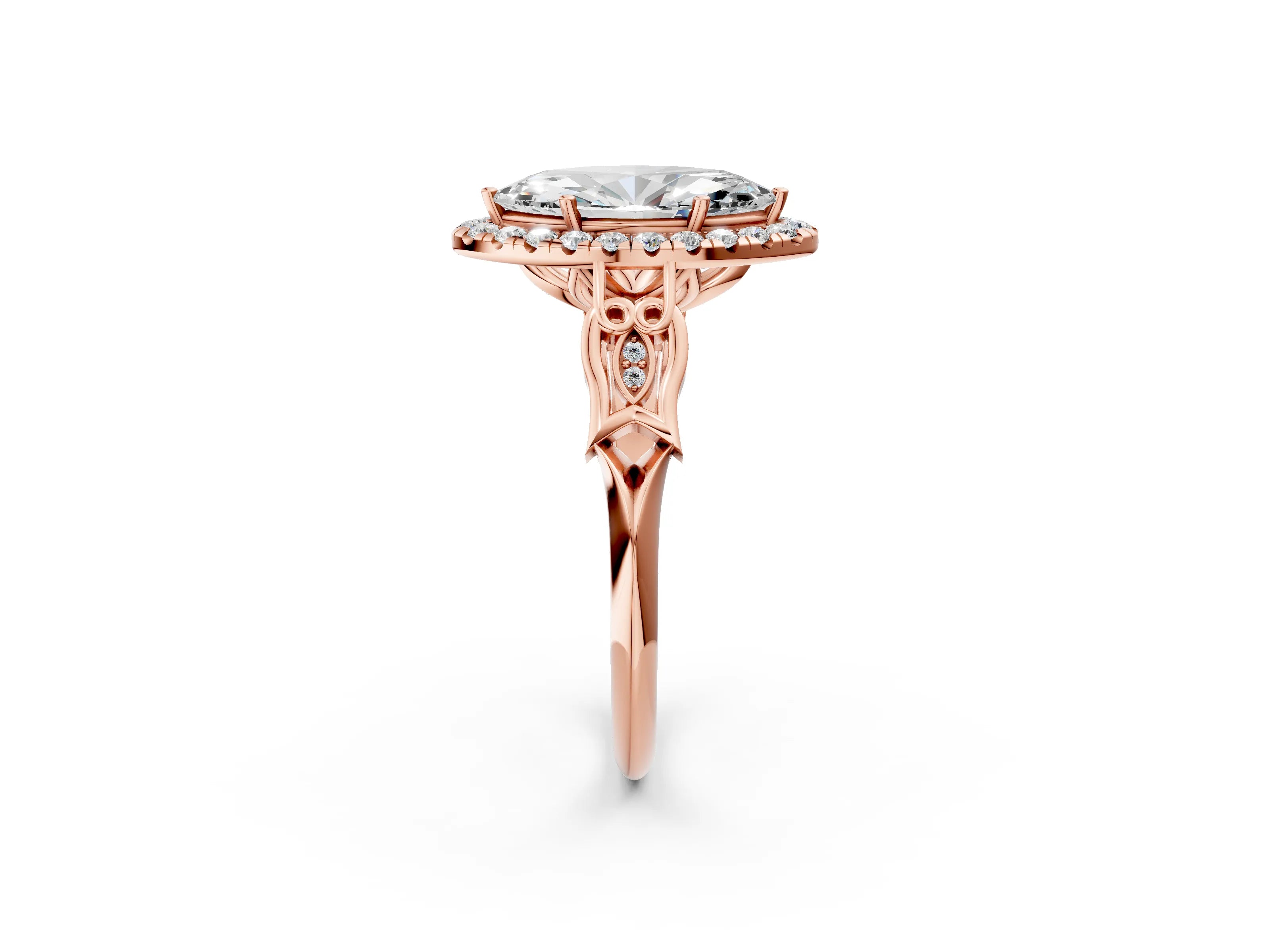 Rose gold Marquise Halo Diamond Engagement Ring with Filigree Band and Four-Prong Setting_23