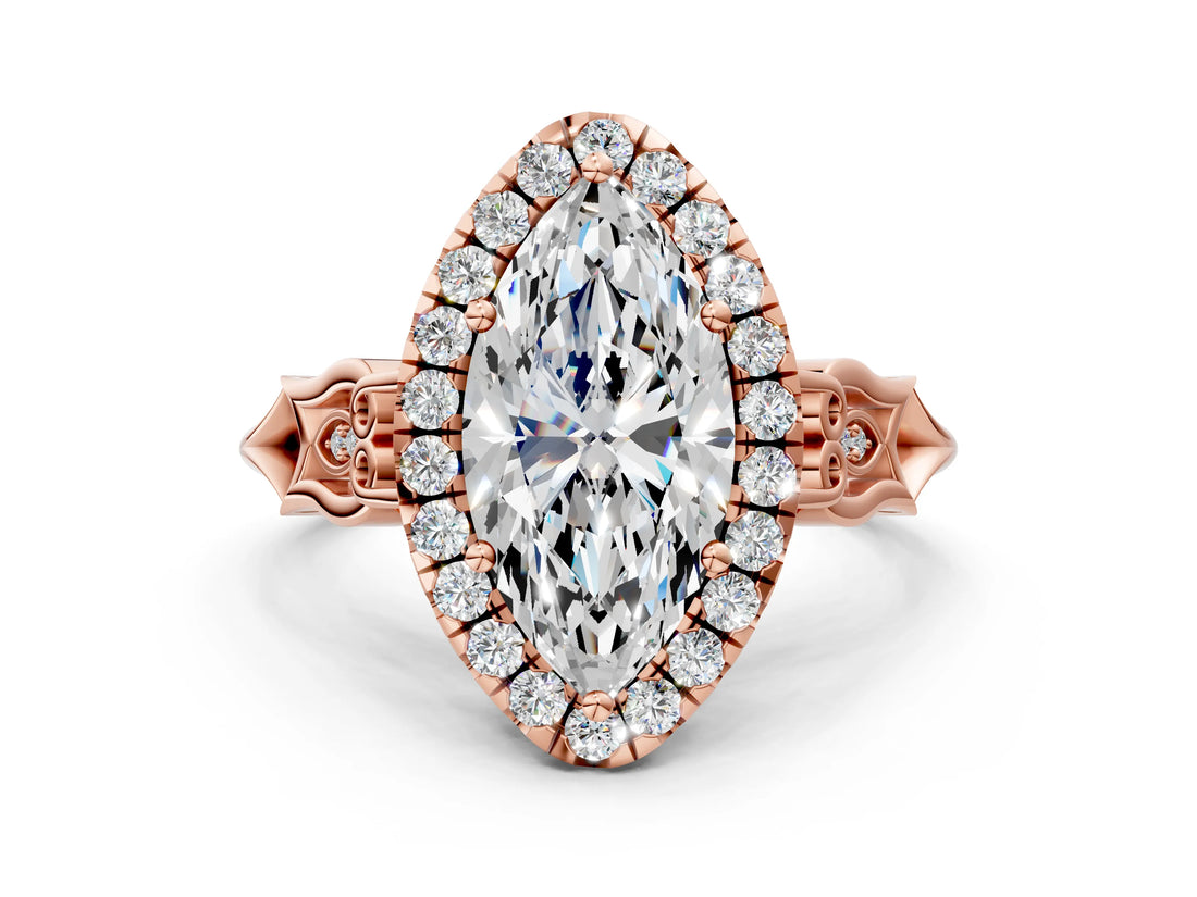 Rose gold Marquise Halo Diamond Engagement Ring with Filigree Band and Four-Prong Setting_81