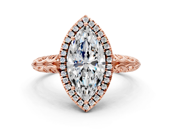 Rose gold Marquise Halo Diamond Engagement Ring with Intricate Filigree Band and Four-Prong Setting