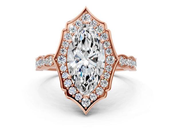 Rose gold Marquise Halo Diamond Engagement Ring with Milgrain Band and Four-Prong Setting