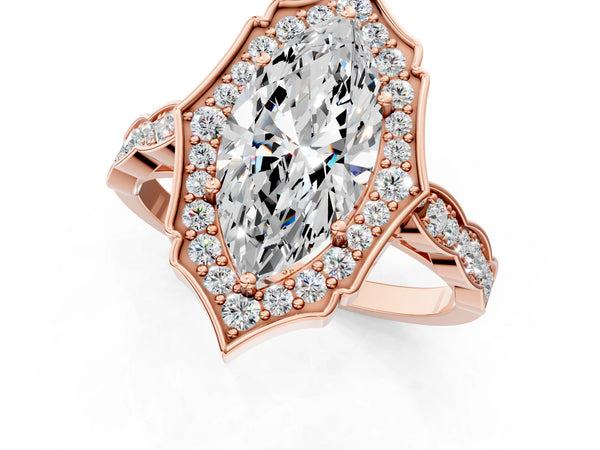 Rose gold Marquise Halo Diamond Engagement Ring with Milgrain Band and Four-Prong Setting