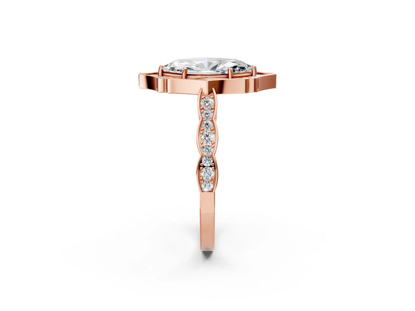 Rose gold Marquise Halo Diamond Engagement Ring with Milgrain Band and Four-Prong Setting