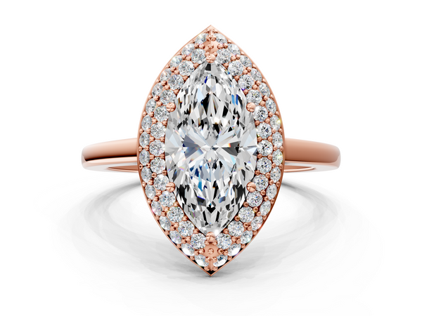 Rose gold Marquise Halo Diamond Engagement Ring with Solitaire Band and Four-Prong Setting