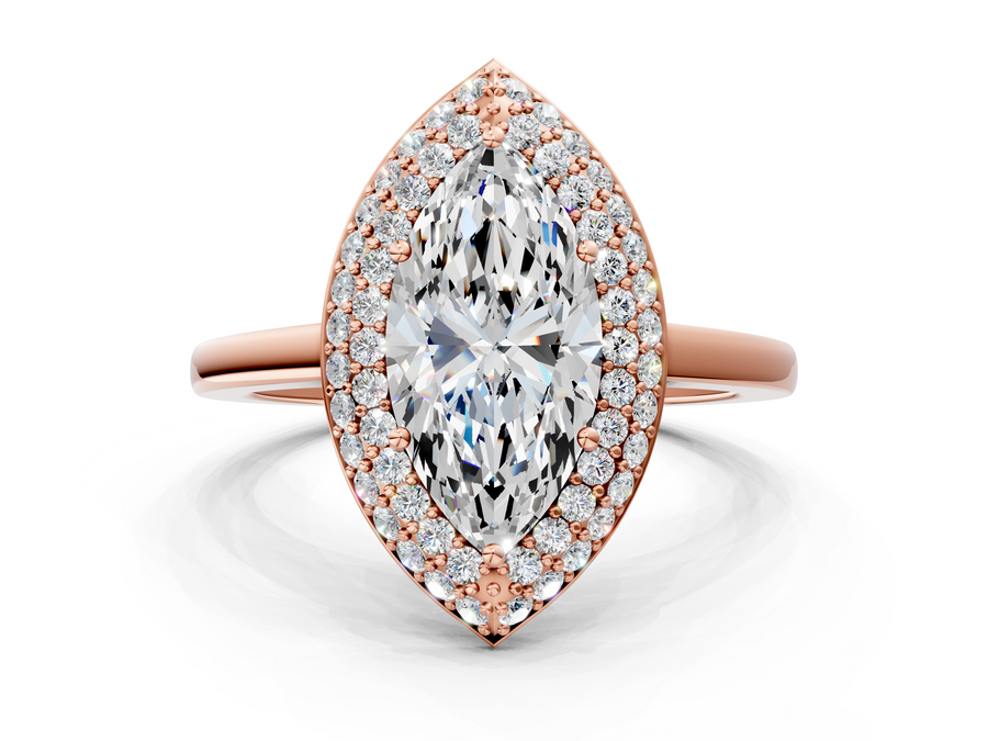 Rose gold Marquise Halo Diamond Engagement Ring with Solitaire Band and Four-Prong Setting