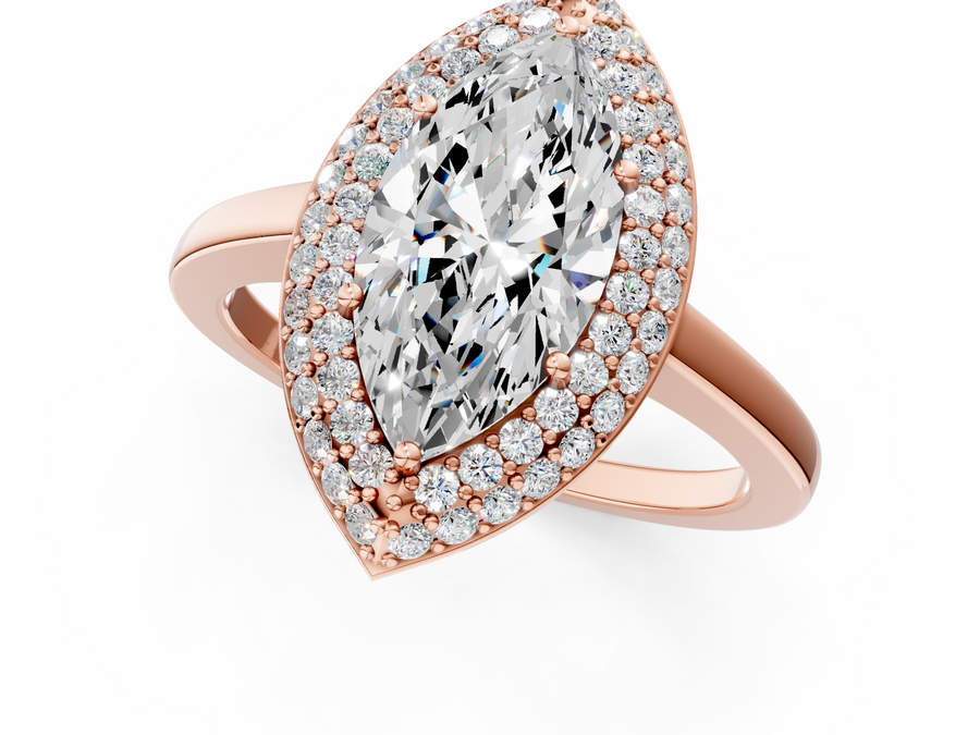 Rose gold Marquise Halo Diamond Engagement Ring with Solitaire Band and Four-Prong Setting