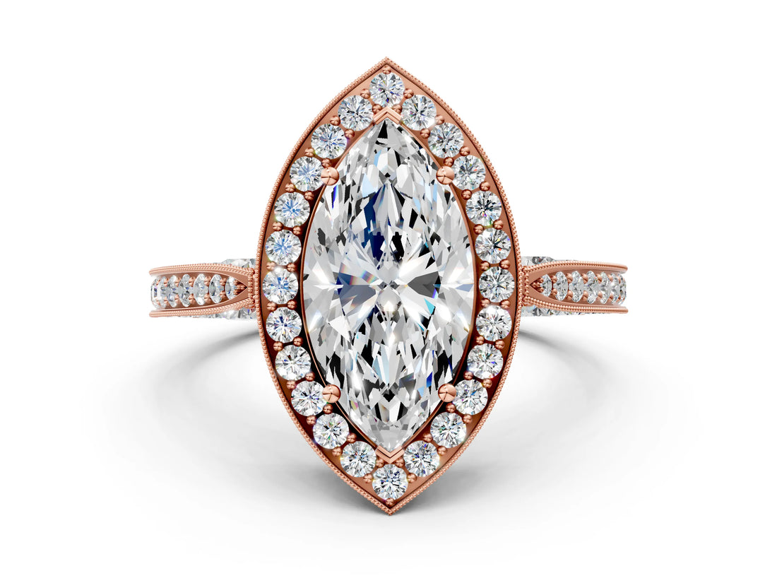 Rose gold Marquise Halo Diamond Engagement Ring with Split Shank Band and Four-Prong Setting_6