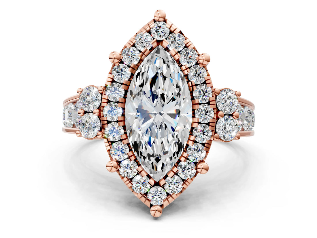 Rose gold Marquise Halo Diamond Engagement Ring with Split Shank and Four-Prong Setting