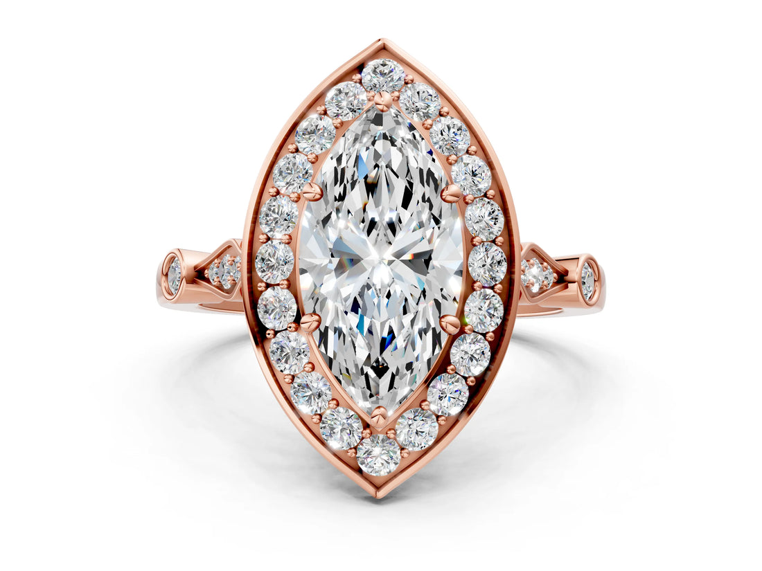 Rose gold Marquise Halo Diamond Engagement Ring with Twisted Band and Four-Prong Setting