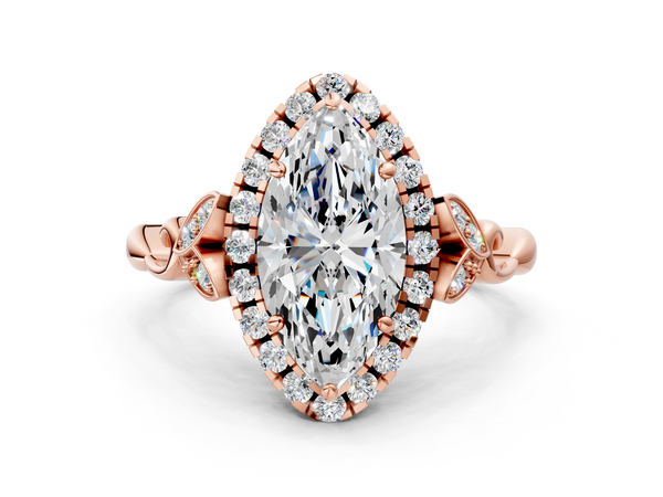 Rose gold Marquise Halo Diamond Engagement Ring with Vintage-Inspired Band and Four-Prong Setting