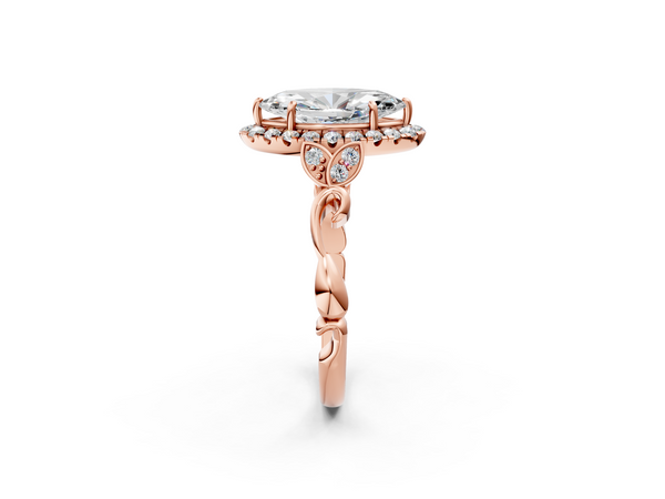 Rose gold Marquise Halo Diamond Engagement Ring with Vintage-Inspired Band and Four-Prong Setting