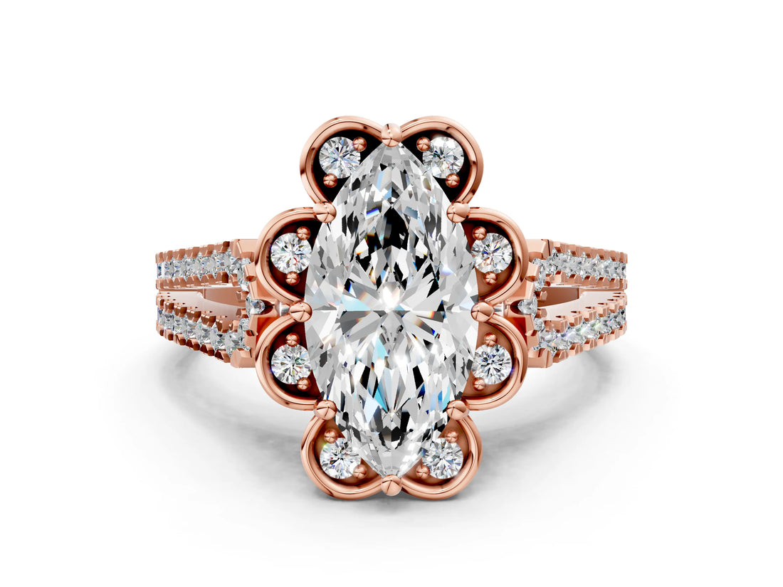 Rose gold Marquise Halo Diamond Floral Split Shank Engagement Ring