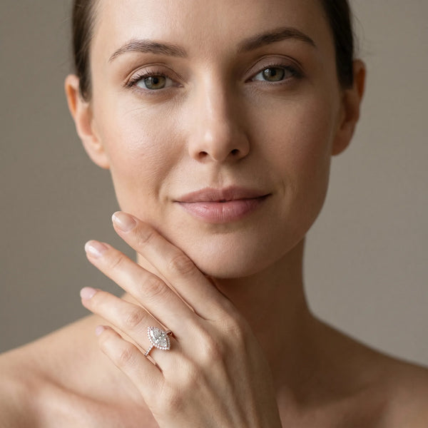 Rose gold Marquise Halo Diamond Pavé Band Ring with Prong Setting