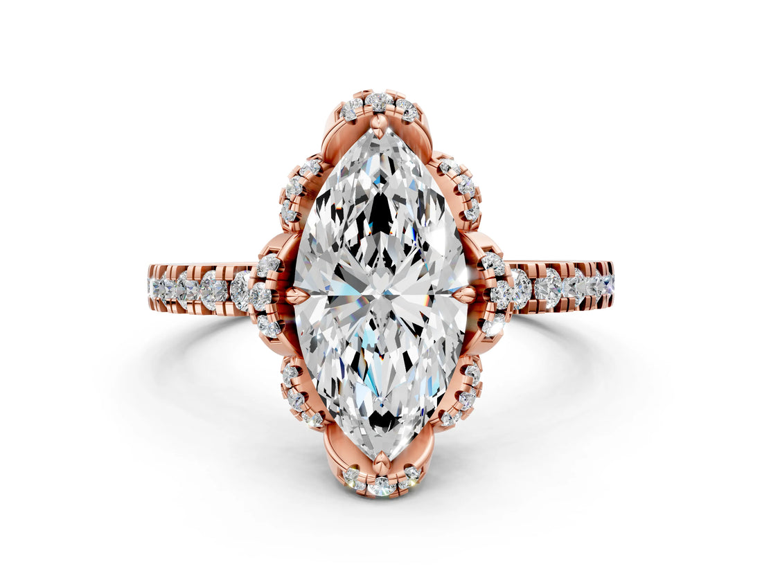 Rose gold Marquise Halo Diamond Pave Band Ring with Four-Prong Setting_15