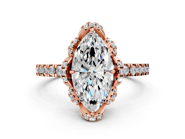 Rose gold Marquise Halo Diamond Pave Band Ring with Four-Prong Setting