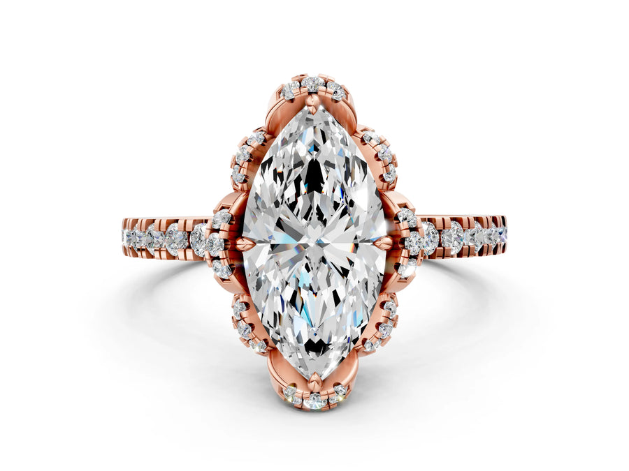 Rose gold Marquise Halo Diamond Pave Band Ring with Four-Prong Setting