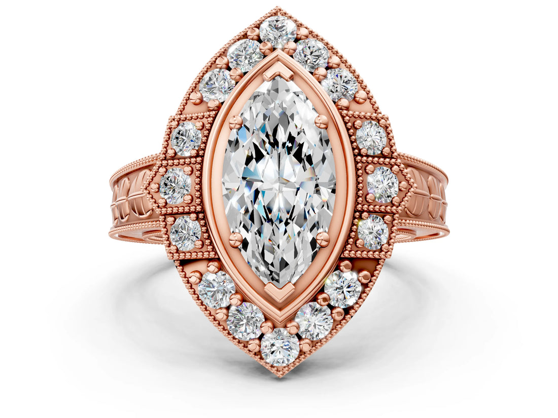 Rose gold Marquise Halo Diamond Ring with Milgrain Bezel and Prong Setting_6
