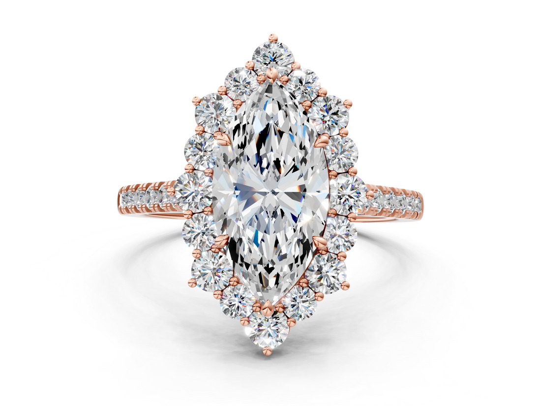 Rose gold Marquise Halo Diamond Ring with Pavé Band and Prong Setting_37