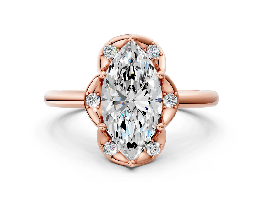 Rose gold Marquise Halo Diamond Ring with Round Cluster Setting, Solitaire Band, and Four-Prong Setting_46