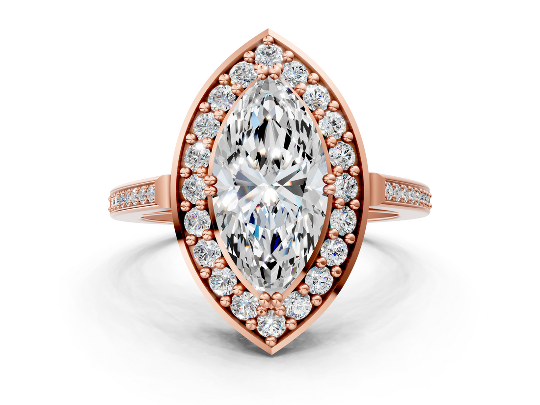 Rose gold Marquise Halo Diamond Ring with Split Shank and Four-Prong Setting_90