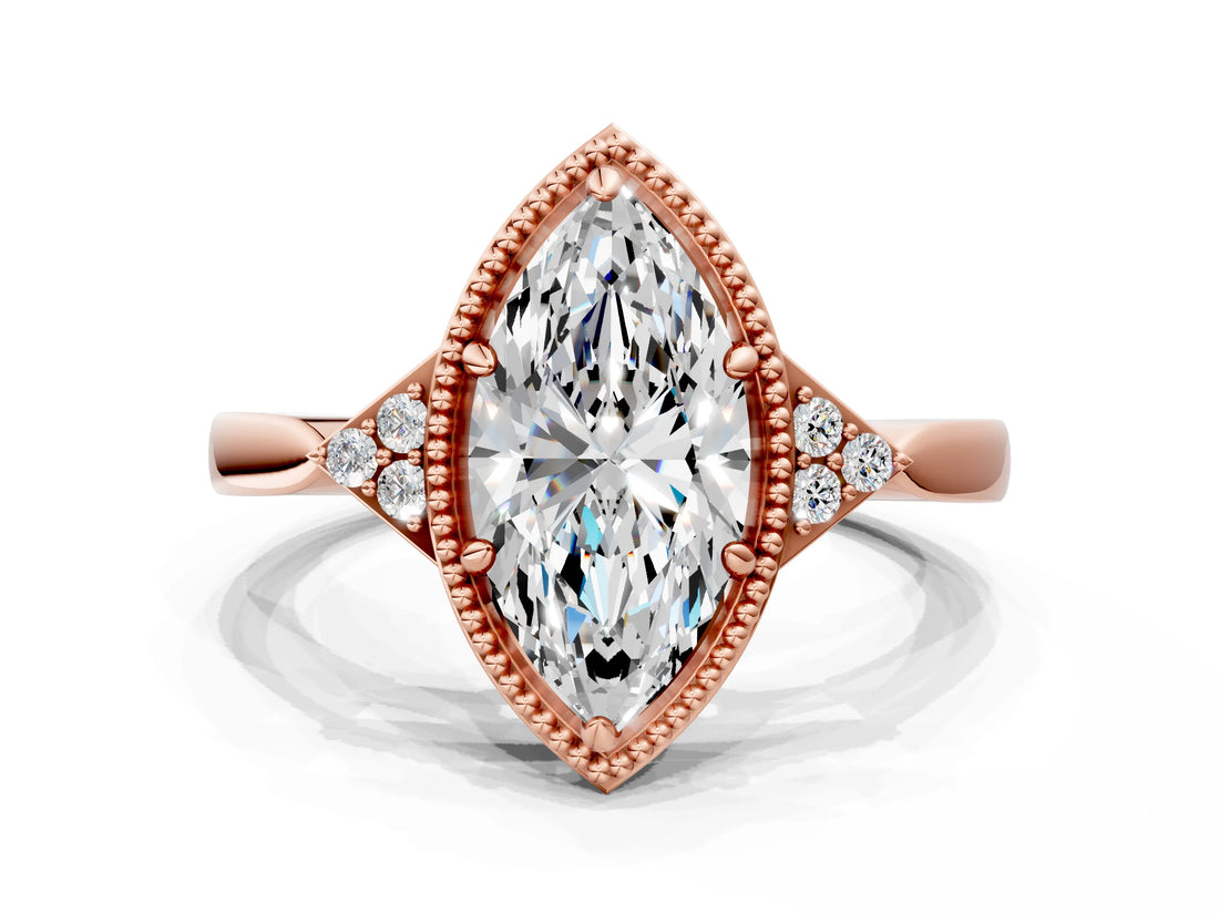 Rose gold Marquise Halo Diamond Ring with Tapered Band and Four-Prong Setting_3