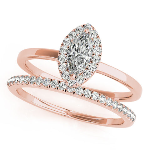 Rose gold Marquise Halo Diamond Solitaire with Pavé Band and Four-Prong Setting 1