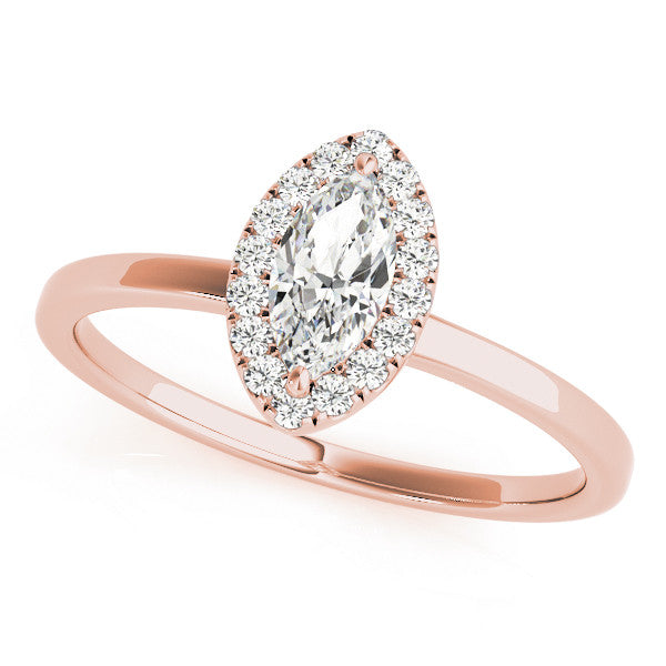 Rose gold Marquise Halo Diamond Solitaire with Pavé Band and Four-Prong Setting