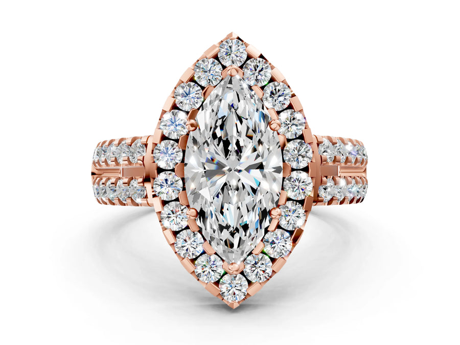Rose gold Marquise Halo Diamond Split Shank Engagement Ring with Prong Setting