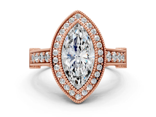 Rose Gold Marquise Vintage Bezel Halo Engagement Ring Setting