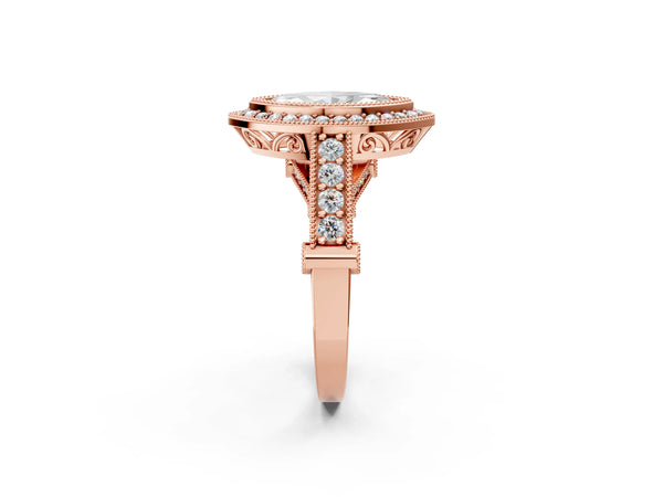 Rose Gold Marquise Vintage Bezel Halo Engagement Ring Setting