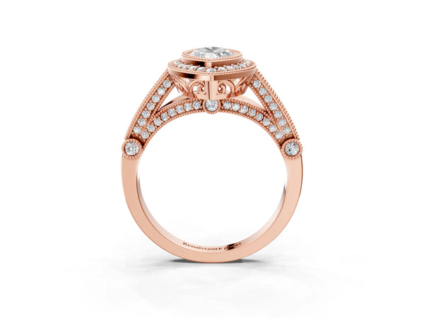 Rose Gold Marquise Vintage Bezel Halo Engagement Ring Setting