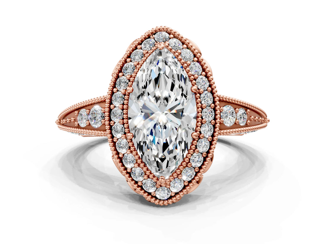 Rose gold Marquise Halo Diamond Split Shank Ring with Milgrain Detail_49
