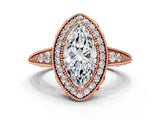 Rose gold Marquise Halo Diamond Split Shank Ring with Milgrain Detail_49