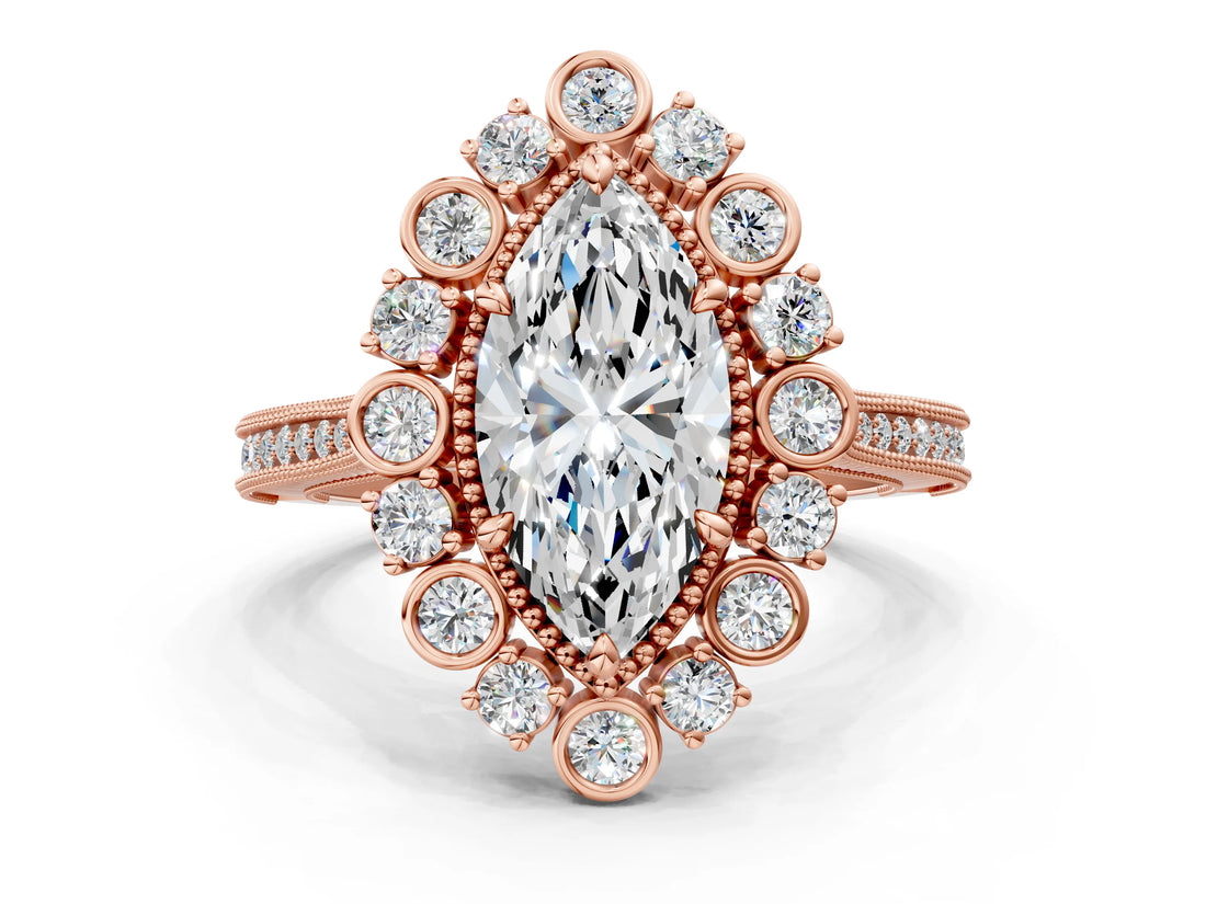 Rose gold Marquise Halo Milgrain Pave Diamond Ring with Four-Prong Setting 1