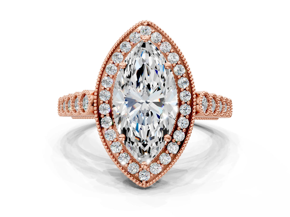 Rose gold Marquise Halo Milgrain Solitaire with Bezel Set Side Stones and Pave Band_31